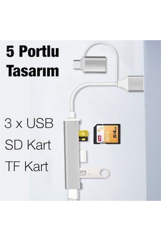 ALLY A-807 5in1 Type-C+USB Girişli USB 3.0 Çoğaltıcı Hub Adaptör