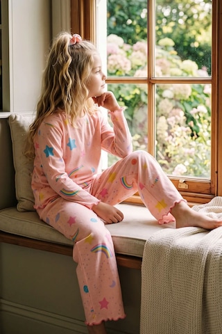 Zuzunga Kız Çocuk Gökkuşağı Desenli Beybi Overlok Somon Pijama Takımı Toka Hediyeli