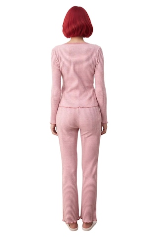 Ersefa Kadın Çizgili Kaşkorse Pijama Takımı Dantel Detaylı Fonksiyonel D Pembe