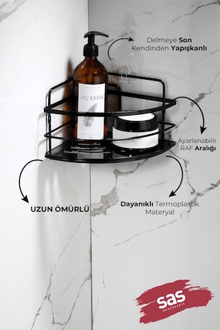 2’li Kancalı Yapışkanlı Banyo Duş Köşe Rafı – Ayarlanabilir Kristal Raf (Yapıştır/Vidala) Siyah-Siyah - LK-01 - SS