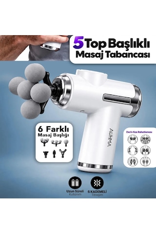 Auhma Amg49 2400mah 6 Kademeli 5 Başlıklı Masaj Tabancası Derin Kas Masaj Cihazı Beyaz