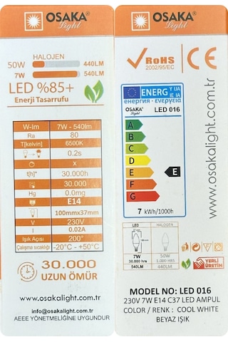2 Adet Osaka 7w 50w Beyaz Işık 6500k E14 Duylu İnce Duy Led Mum Ampul