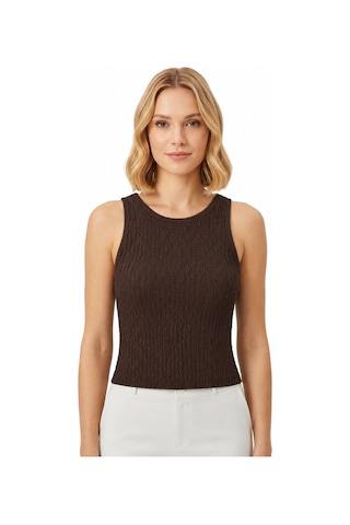 Cottonhıll Premium - Tide Collection Kahverengi Bisiklet Yaka Bürümcük Dokulu Kolsuz Kadın Crop Bluz