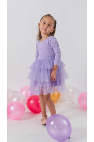 Kız Çocuk Kat Kat Tütülü Pamuklu Uzun Kollu Mor Özel Gün Abiye Doğum Günü Günlük Prenses Elbise Mor