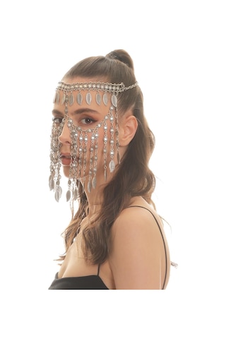 Kadın Antik Gümüş Kaplama Yaprak Charm Detaylı Ayarlanabilir El Yapımı Peçe, Yüz Zinciri Gümüş