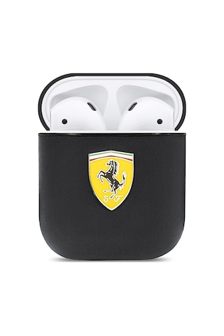 Airpods Uyumlu Kılıf Ferrari Lisanslı Pu Deri Metal Logolu Sf Arka Yüzey Yazılı Kapak Siyah
