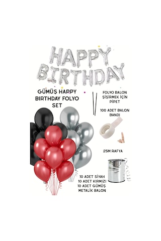 Happy Birthday Folyo Set Siyah Kırmızı Gümüş Balon Parti Doğum Günü Süsleme Seti