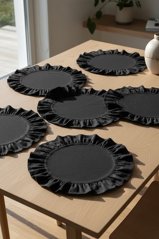 Yunusoğlu Home Pamuklu Fırfırlı Supla 6'lı Set Amerikan Servis 33 Cm Çap Supla 6'lı Siyah