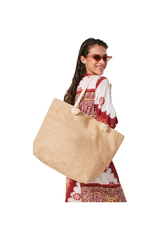 Hasır Plaj Çantası - Jüt Kumaş Plaj Çantası Açık Kahverengi