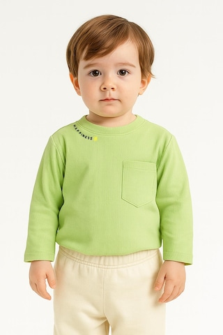 Luess Unisex Çocuk Happiness Nakışlı Cepli Fitilli Kaşkorse Tişört Açık Yeşil