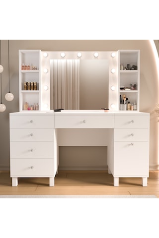 Robin Home Hollywood Makyaj Masası 7 Çekmece Kapaklı Düzenleyici Hollywood Led Işıklı Raflı Beyaz Robin Home Hollywood Makyaj Masası 7 Çekmece Kapaklı Düzenleyici Hollywood Led Işıklı Raflı Beyaz