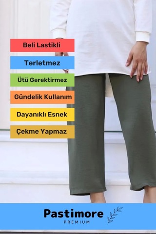 Terletmez Rahat Kalıp Beli Lastikli Bol Paça Salaş Yazlık Kadın Haki Aerobin Pantolon Haki