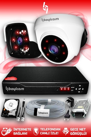 Bayicam 2 Kameralı Panda 1 İç Kamera Set 250 GB HDD Full HD Gece Görüşlü Güvenlik Kamerası Sistemi