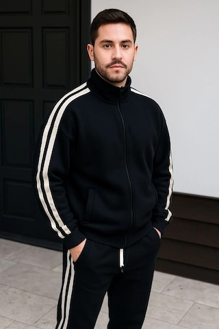 Erkek Çift Şeritli Eşofman Takım Dik Yaka Fermuarlı Sweatshirt Boru Paça Alt, Oversize 3 İplik Pamuk Siyah
