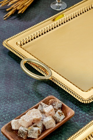 Cooker 2'li Özel Seri Dikdörtgen Model Lüx Metal Çay Sunum, Nişan Tepsisi 35x25 Ve 44x32 Cm Altın