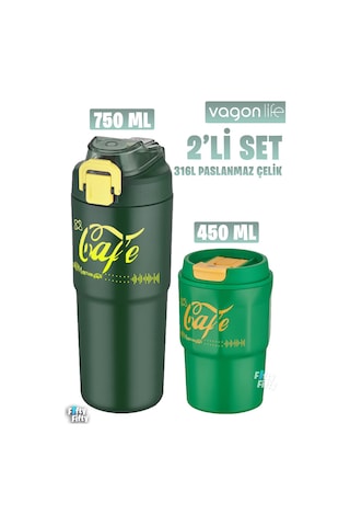 Vagonlife 2'li Çelik Termos-kahve Bardağı Seti 750ml Çift Kullanım Termos//450ml Mug Kahve Bardağı Yeşil