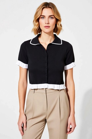 Benerly Kadın Bluz Polo Yaka Kısa Kol Volan Detaylı Crop Boy Renk Bloklu siyah