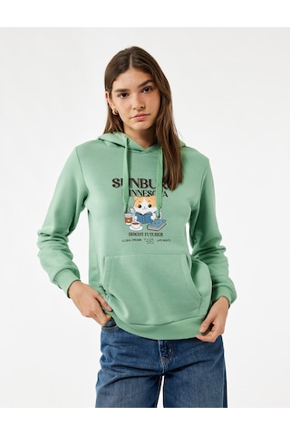 Koton Kanguru Cep Detaylı Şardonlu Kedi Baskılı Kapüşonlu Sweatshirt Mınt 6wal10128ık Mint