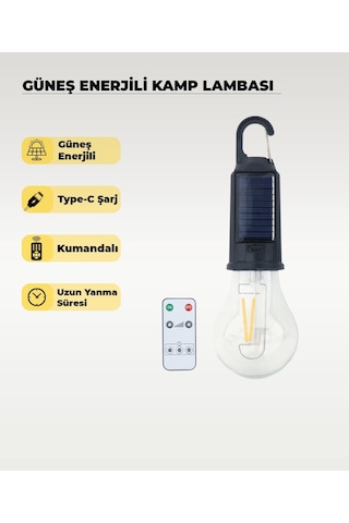 Güneş Enerjili Kamp Lambası Kumandalı Led Ampul Uzun Yanma Süreli Taşınabilir Aydınlatma 1 Adet