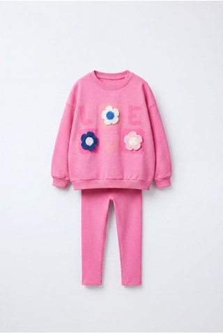 Magu Kız Çocuk Çiçek Aplikeli Pembe Sweatshirt Ve Tayt Takımı