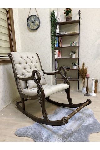 Asedia Vintage Kuğu Ceviz Krem El Oyması Ahşap Sallanan Sandalye Dinlenme Koltuğu