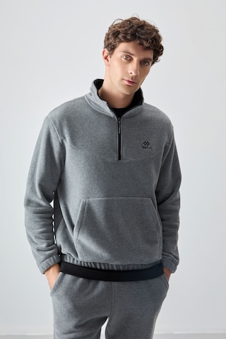 Tommy Life Gri Melanj Yarım Fermuar Dik Yaka Lastik Paça Polar Erkek Eşofman Takımı - 85159 GRİ MELANJ