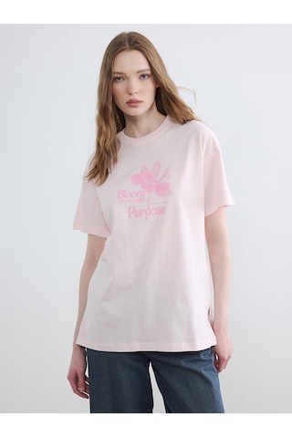 Lcw Modest Pembe Baskılı %100 Pamuklu Kadın Tişört