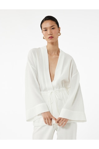 Koton Mandarin Yaka Beli Bağcıklı 3/4 Geniş Kollu Kimono Kırık Beyaz 5sak50120pw Ekru