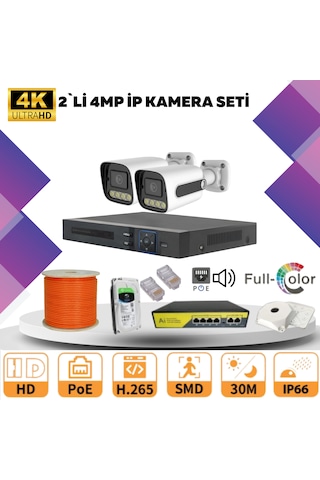 2'li Güvenlik Ip Kamera Seti - 4mp Dış Mekan Kamera, 3.6mm Lens,