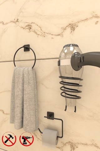 Alper Banyo Jasmin Kare Siyah Yapışkanlı 3'lü Set - Kağıtlık Yuvarlak Havluluk Kare Fön Makinesi Askısı Siyah
