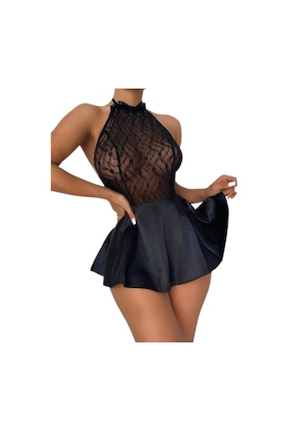 Nightlight Kadın Siyah Dantelli Kısa Saten Tül Gecelik 3143 Siyah