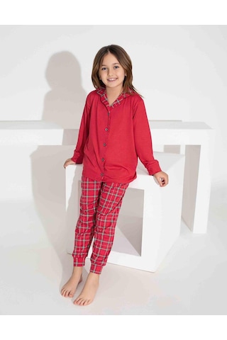 Kız Çocuk Yakası Ekose Desenli Düğmeli Uzun Kollu Pijama Takımı-952 Kırmızı