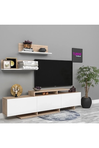 Kar Beyaz Üst Raflı Tv Ünitesi Mdf Siyah