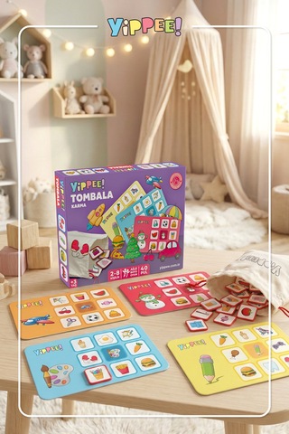 Çocuk Tombala Karma Temalı Ham Bez Kese 8 Tabla 40 Pul 60 Parça