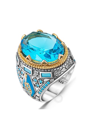 925 Ayar Gümüş Turkuaz Mineli Akuamarin Taşlı Erkek Yüzük Gümüş