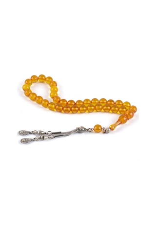 Sıkma Serisi Sarı Kehribar Tesbih Metal Püsküllü Tesbih Küre Kesim