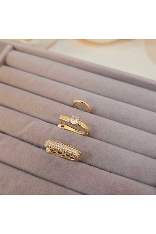 Tektaş Model Üçlü Çelik Küpe Altın