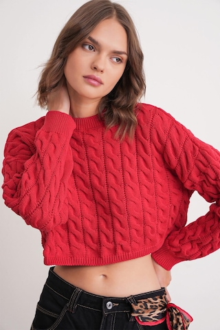 Mixray 6863 Kadın Saç Örgülü Crop Triko Kazak Kırmızı