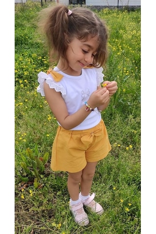 Novy Baby Fiyonklu Taş Baskılı Tshirt Şortlu Kız Çocuk 2'li Takım 2-5 Yaş