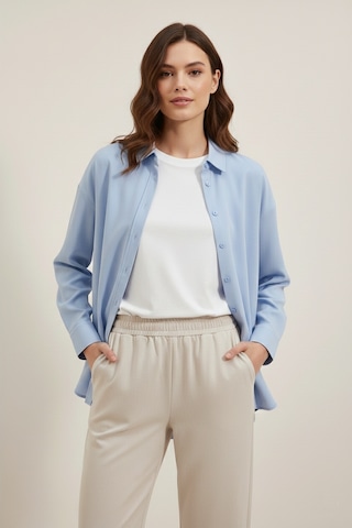 Yxc Trend Maker Oversize Uzun Basic Bayan Keten Gömlek Mavi