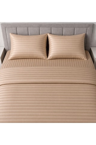 Wova Home Champagne Stripe Çift Kişilik Nevresim Takımı%90 Pamuk 83 Tel Saten Çizgili Lastikli Çarşaflı Nevresim Çok Renkli