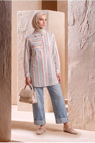 Armine Trend Çizgili Asimetrik Blok Detaylı Düğmeli Uzun Kollu Oversize Gömlek Tunik 90 Cm Boy Oranj 26yt490