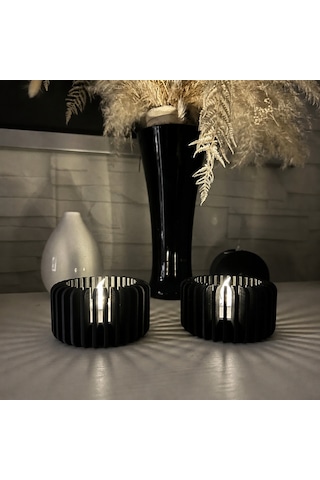 Buradabulabilirsin 3d Baskı Modern Çizgili Mumluk - Tealight Mumluk 1 Adet -siyah Bbz