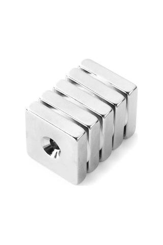 5 Adet, Köşeli, Neodyum Mıknatıs, 20x20x5 Mm, D:10/5 Mm, Havşa Delikli, Güçlü Magnet, N35 Kalite