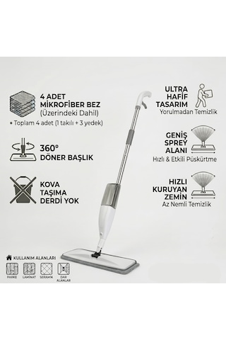 Nobera Profesyonel Sprey Mop Su Püskürtmeli Temizlik Paspası 360 Döner Başlık 350 Ml Su Hazneli 4 Bezli Set