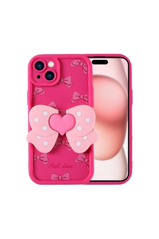 Apple Uyumlu iPhone 15 Kılıf Kamera Korumalı Figür Tasarımlı Zore Kapya Kapak Pembe Koyu