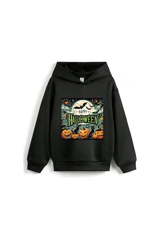 Stil X Halloween - Cadılar Bayramı Baskılı, Kapüşonlu Çocuk Sweatshırt, 3 İplik Şardonlu Siyah
