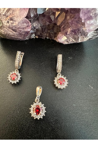 Lal Ve Zirkon Taşlı Gümüş Set Takım 925 Ayar 7,55 Gram