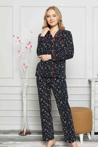 Farya Home Dreamy Yıldız Desenli Biyeli Gömlek Pijama Takımı Lacivert