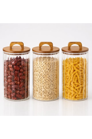 3200 Ml Zahire Kavanozu 3'lü Set, Ahşap Kapaklı Kulplu Cam Erzak Saklama Kabı, Büyük Boy Bakliyat Makarna Kahve Kuruyemiş Saklama Kavanozu, Ribbed Cam Mutfak Düzenleyici Kavanoz Seti Çok Renkli